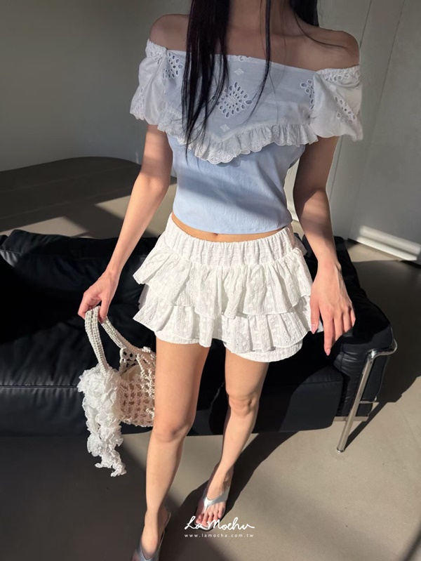 拼色燒花蕾絲公主袖上衣